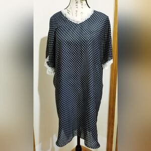 Circa 2000 Vintage Semi Sheer Blue Polka Dot Lace Collar Sleep Shirt Dress Small
